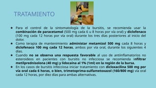 TRATAMIENTO
★ Para el control de la sintomatología de la bursitis, se recomienda usar la
combinación de paracetamol (500 mg cada 6 u 8 horas por vía oral) y diclofenaco
(100 mg cada 12 horas por vía oral) durante los tres días posteriores al inicio del
dolor.
★ Como terapia de mantenimiento administar metamizol 500 mg cada 8 horas y
diclofenaco 100 mg cada 12 horas, ambos por vía oral, durante los siguientes 4
días.
★ Cuando no se observa una respuesta favorable al uso de antiinflamatorios no
esteroideos en pacientes con bursitis no infecciosa se recomienda infiltrar
metilprednisolona (40 mg) y lidocaína al 1% (1ml) en la región de la bursa.
★ En los casos de bursitis infecciosa iniciar tratamiento con dicloxacilina 500 mg por
vía oral cada 6 horas, o bien, trimetoprima-sulfametoxazol (160/800 mg) vía oral
cada 12 horas, por diez días para ambas alternativas.
 