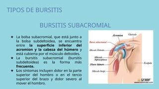 TIPOS DE BURSITIS
BURSITIS SUBACROMIAL
★ La bolsa subacromial, que está junto a
la bolsa subdeltoidea, se encuentra
entre la superficie inferior del
acromion y la cabeza del húmero y
está cubierta por el músculo deltoides.
★ La bursitis subacromial (bursitis
subdeltoidea) es la forma más
frecuente.
★ Los síntomas incluyen dolor en la parte
superior del hombro o en el tercio
superior del brazo y dolor severo al
mover el hombro.
 