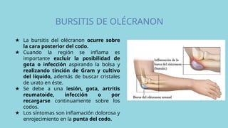 BURSITIS DE OLÉCRANON
★ La bursitis del olécranon ocurre sobre
la cara posterior del codo.
★ Cuando la región se inflama es
importante excluir la posibilidad de
gota o infección aspirando la bolsa y
realizando tinción de Gram y cultivo
del líquido, además de buscar cristales
de urato en éste.
★ Se debe a una lesión, gota, artritis
reumatoide, infección o por
recargarse continuamente sobre los
codos.
★ Los síntomas son inflamación dolorosa y
enrojecimiento en la punta del codo.
 