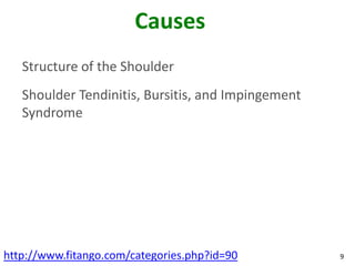 Causes
   Structure of the Shoulder
   Shoulder Tendinitis, Bursitis, and Impingement
   Syndrome




http://www.fitango.c...