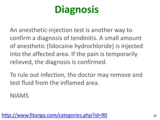 Diagnosis
   An anesthetic-injection test is another way to
   confirm a diagnosis of tendinitis. A small amount
   of ane...