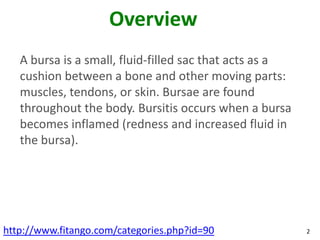 Overview
   A bursa is a small, fluid-filled sac that acts as a
   cushion between a bone and other moving parts:
   muscl...