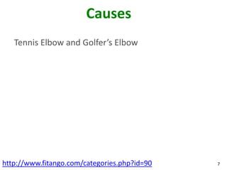Causes
   Tennis Elbow and Golfer’s Elbow




http://www.fitango.com/categories.php?id=90   7
 