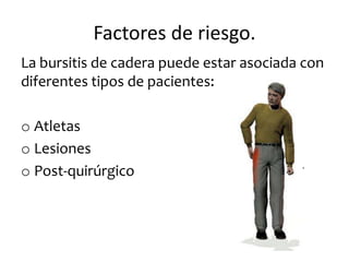 Factores de riesgo.
La bursitis de cadera puede estar asociada con
diferentes tipos de pacientes:

o Atletas
o Lesiones
o Post-quirúrgico
 