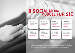 Modul 1:          Modul 2:           Modul 3:              Modul 4:
Social Media      Social Media       Social Media          Social Media
Impact            Check-Up           Platform              Potential
                                     Characteristics       Analysis



Modul 5:          Modul 6:            Modul 7:            Modul 8:
Social Media      Social Media        Social Media        Social Media
Action Plan       Crisis              Guidelines          Marketing
                  Preparedness




 In einem modularen, auf Ihr Unternehmen und Ihre Themen zugeschnitte-
 nen Workshop liefern wir Ihnen das notwendige Rüstzeug und die Expertise,
 um sich sicher, mit Freude und zielorientiert in Social Media bewegen.
 