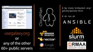 usegalaxy.org
or
any of the other
60+ public servers
$ hg clone bitbucket.org/
galaxy/galaxy-dist
$ sh run.sh
 