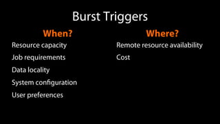 Burst Triggers
When?
Resource capacity
Job requirements
Data locality
System conﬁguration
User preferences
Where?
Remote resource availability
Cost
 