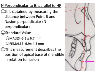 N Perpendicular to B, parallel to HP
☺It is obtained by measuring the
distance between Point B and
Nasion perpendicular (N
perpendicular)
☺Standard Value
☺MALES -5.3 ± 6.7 mm
☺FEMALES -6.9± 4.3 mm
☺This measurement describes the
position of apical base of mandible
in relation to nasion
 