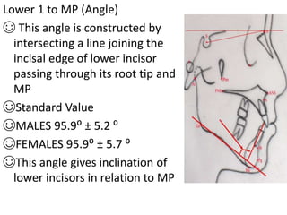 Lower 1 to MP (Angle)
☺ This angle is constructed by
intersecting a line joining the
incisal edge of lower incisor
passing through its root tip and
MP
☺Standard Value
☺MALES 95.9⁰ ± 5.2 ⁰
☺FEMALES 95.9⁰ ± 5.7 ⁰
☺This angle gives inclination of
lower incisors in relation to MP
 