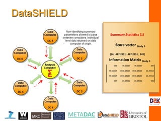 Σ Information Matrix Study 5
Score vector Study 5
Summary Statistics (1)
[36, 487.2951, 487.2951, 149]
Information Matrix Study 5
Score vector Study 5
Summary Statistics (1)
DataSHIELD
 