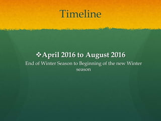 Timeline
April 2016 to August 2016
End of Winter Season to Beginning of the new Winter
season
 