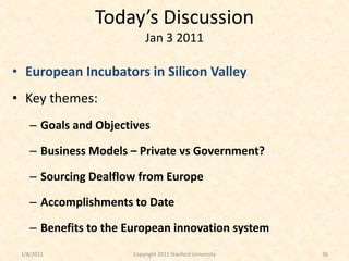 Today’s Discussion
                           Jan 3 2011

• European Incubators in Silicon Valley
• Key themes:
    – Goal...