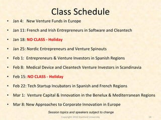 Class Schedule <ul><li>Jan 4:  New Venture Funds in Europe </li></ul><ul><li>Jan 11: French and Irish Entrepreneurs in Sof...