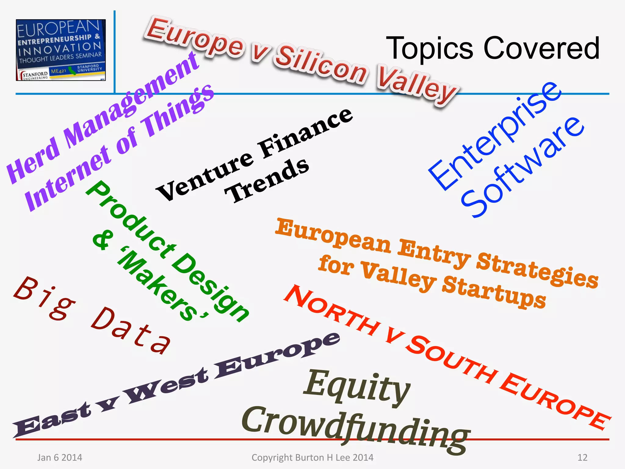 Topics Covered

Europ

ean En
tr y Str
for Va
ategie
lley St
s
artups


tv
as
E
Jan	
  6	
  2014	
  

est
W

pe
o
ur
E

Equity
Crowdfundin
g
Copyright	
  Burton	
  H	
  Lee	
  2014	
  

12	
  

 