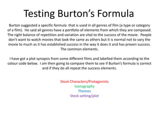 Testing Burton’s Formula
 Burton suggested a specific formula that is used in all genres of film (a type or category
of a film). He said all genres have a portfolio of elements from which they are composed.
The right balance of repetition and variation are vital to the success of the movie. People
 don't want to watch movies that look the same as others but it is normal not to vary the
movie to much as it has established success in the way it does it and has proven success.
                                  The common elements.

 I have got a plot synopsis from some different films and labelled them according to the
colour code below. I am then going to compare them to see if Burton’s formula is correct
                      and if they do all repeat the success elements.


                                 Stock Characters/Protagonists
                                          Iconography
                                            Themes
                                       Stock setting/plot
 