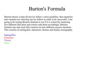 Burton's Formula
Burtons theory is that all movies follow a strict guideline, that repetition
and variation are what big movies follow in order to be successful. I am
going to be testing Burtons formula to see if it is correct by analysing
five different film plots and colour code them accordingly. Burtons
formula says that each film consists on four different success elements.
This consists of setting/plot, characters, themes and finally iconography.

Setting/Plot
Character
Theme
Icons
 