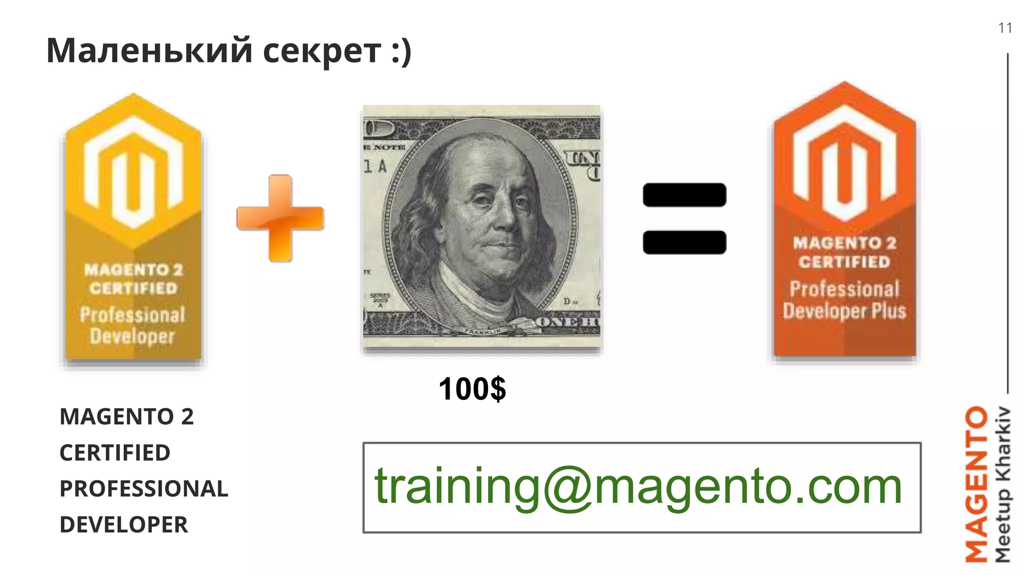 Маленький секрет :)
11
MAGENTO 2
CERTIFIED
PROFESSIONAL
DEVELOPER
100$
training@magento.com
 