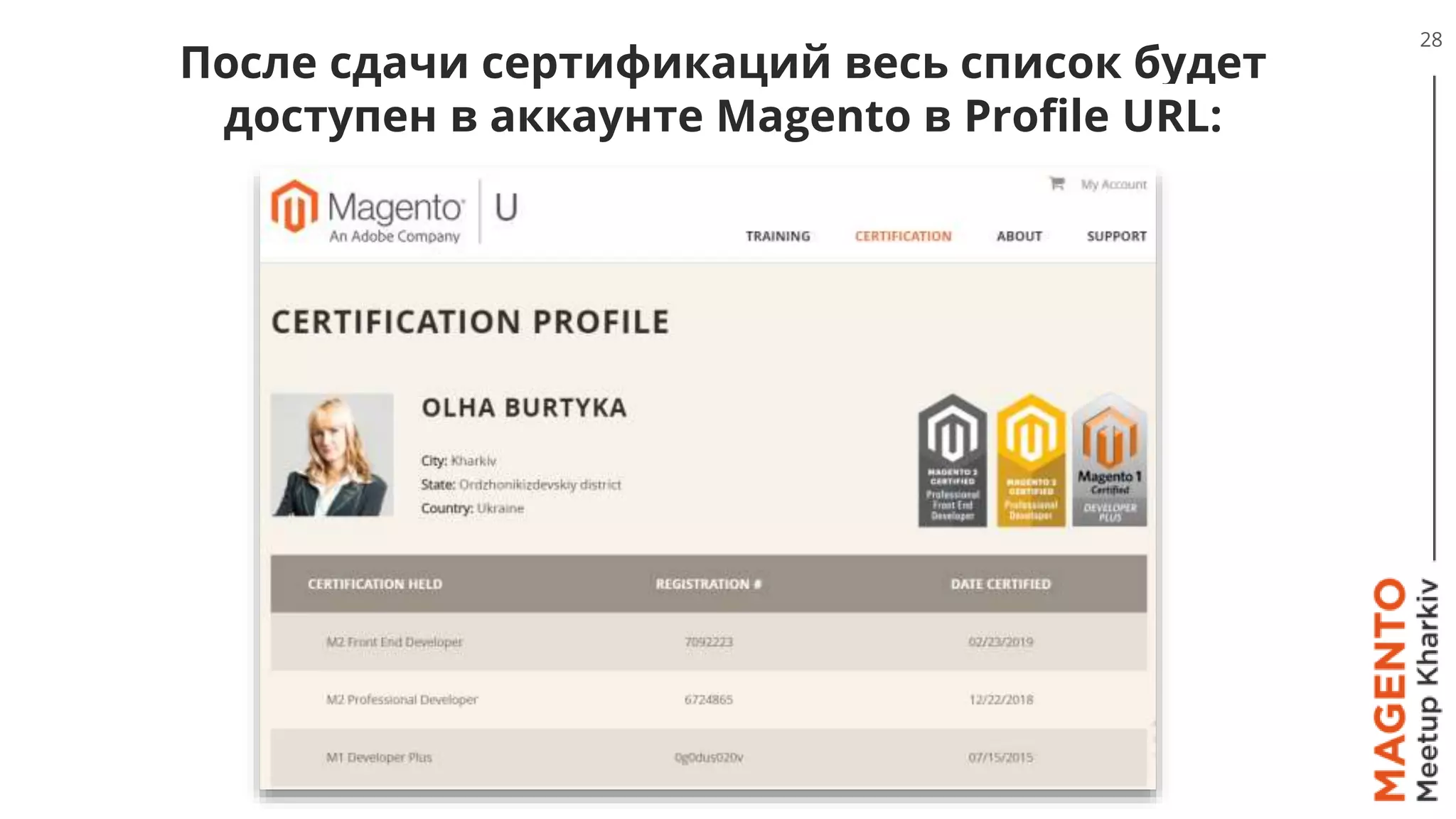 После сдачи сертификаций весь список будет
доступен в аккаунте Magento в Profile URL:
28
 