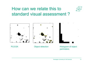 How can we relate this to
standard visual assessment ?
Norwegian University of Life Sciences 14
PLS-DA Object detection Histogram of object
perimeters
 