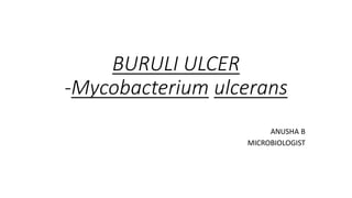 BURULI ULCER
-Mycobacterium ulcerans
ANUSHA B
MICROBIOLOGIST
 
