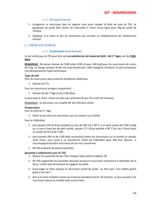 SST - NOURRISSONS
124
1.3.3. Enregistrement
Enregistrer le nourrisson dans le registre mais aussi remplir la fiche de suivi de TSS : le
graphique du poids doit utiliser les intervalles à raison d’une ligne pour 50g de poids de
l’enfant.
Expliquer à la mère le but du traitement qui consiste au rétablissement de l’allaitement
exclusif.
1.4. PRISE EN CHARGE
1.4.1. Traitement nutritionnel
Le lait utilisé pour la TSS peut être soit un substitut du lait maternel (ALD : lait 1er
Age), soit du F100-
dilué.
REMARQUE : Ne jamais donner de F100 entier (100 ml pour 100 kcal) pour les nourrissons de moins
de 3 kg. La charge ionique rénale est trop élevée pour cette catégorie d’enfants et peut provoquer
une déshydratation hypernatrémique.
Type de lait
Pour les nourrissons avec présence d’œdèmes bilatéraux,
Donner du F75
Pour les nourrissons amaigris uniquement,
Donner du lait 1er
âge ou du F100-dilué
Si vous avez le choix, utiliser les laits pour prématurés (ex. Pre +nom de marque),
REMARQUE : Le lait entier non modifié NE doit PAS être utilisé
Préparation
Pour les ALD lait 1er
âge,
Diluer le lait selon les instructions qui se trouvent sur la boite.
Pour le F100-dilué,
Soit ajouter 670 ml d’eau potable (au lieu de 500 ml) à 38° C à un petit sachet de F100 (114g)
ou, si vous n’avez pas de petit sachet, ajouter 2,7 l d’eau potable à 38° C (et non 2 litres) dans
un sachet de 457 g de F100,
Soit prendre 100 ml de F100 déjà reconstitué (selon les instructions sur le sachet) et ajouter
35ml d’eau, vous aurez à ce moment-là 135ml de F100-dilué pour 100 kcal. Donner à
l’accompagnante/mère tout excès de lait non consommé.
NE PAS préparer de petites quantités.
Quantité à administrer par la TSS
Donner les quantités de lait-TSS à chaque repas selon le tableau 18.
NE PAS augmenter les quantités données lorsque le nourrisson commence à reprendre de la
force, à téter plus fermement et à gagner du poids.
Encourager la mère lorsque le nourrisson prend du poids ; lui dire que « son enfant guérit
grâce à son lait ».
Dire à la mère d’allaiter toutes les 3 heures pendant environ 20 minutes, et plus souvent si le
nourrisson pleure ou semble avoir encore faim.
 