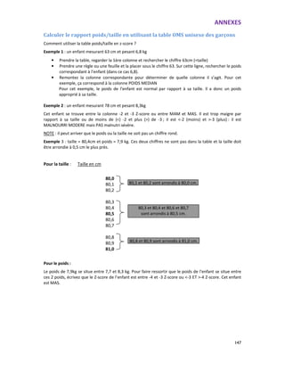 ANNEXES
147
Calculer le rapport poids/taille en utilisant la table OMS unisexe des garçons
Comment utiliser la table poids/taille en z-score ?
Exemple 1 : un enfant mesurant 63 cm et pesant 6,8 kg
• Prendre la table, regarder la 1ère colonne et rechercher le chiffre 63cm (=taille)
• Prendre une règle ou une feuille et la placer sous le chiffre 63. Sur cette ligne, rechercher le poids
correspondant à l’enfant (dans ce cas 6,8).
• Remontez la colonne correspondante pour déterminer de quelle colonne il s’agit. Pour cet
exemple, ça correspond à la colonne POIDS MEDIAN
Pour cet exemple, le poids de l’enfant est normal par rapport à sa taille. Il a donc un poids
approprié à sa taille.
Exemple 2 : un enfant mesurant 78 cm et pesant 8,3kg
Cet enfant se trouve entre la colonne -2 et -3 Z-score ou entre MAM et MAS. Il est trop maigre par
rapport à sa taille ou de moins de (<) -2 et plus (>) de -3 ; il est <-2 (moins) et >-3 (plus) : il est
MALNOURRI MODERE mais PAS malnutri sévère.
NOTE : il peut arriver que le poids ou la taille ne soit pas un chiffre rond.
Exemple 3 : taille = 80,4cm et poids = 7,9 kg. Ces deux chiffres ne sont pas dans la table et la taille doit
être arrondie à 0,5 cm le plus près.
Pour la taille : Taille en cm
80,0
80,1
80,2
80,3
80,4
80,5
80,6
80,7
80,8
80,9
81,0
Pour le poids :
Le poids de 7,9kg se situe entre 7,7 et 8,3 kg. Pour faire ressortir que le poids de l’enfant se situe entre
ces 2 poids, écrivez que le Z-score de l’enfant est entre -4 et -3 Z-score ou <-3 ET >-4 Z-score. Cet enfant
est MAS.
80,1 et 80,2 sont arrondis à 80,0 cm.
80,3 et 80,4 et 80,6 et 80,7
sont arrondis à 80,5 cm.
80,8 et 80,9 sont arrondis à 81,0 cm.
 