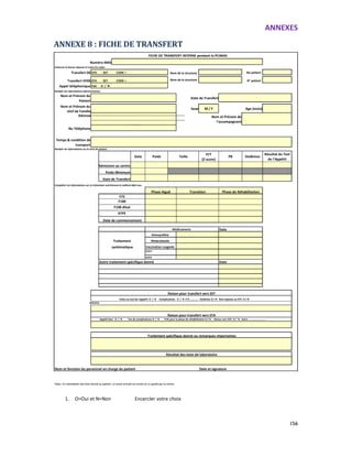 ANNEXES
156
ANNEXE 8 : FICHE DE TRANSFERT
1. O=Oui et N=Non Encercler votre choix
Entourez la bonne réponse et notez les codes
Transfert DE STA SST CODE = No patient
Transfert VERS STA SST CODE = N° patient
Appel téléphonique Fait O / N
Nom et Prénom du
Patient
Nom et Prénom du
chef de Famille
Sexe M / F
Adresse
No Téléphone
Temps & condition de
transport
Date Poids
P/T
(Z-score)
PB Oedèmes
Date
Autre traitement spécifique donné Date
SPECIFIE:
Nom et fonction du personnel en charge du patient Date et signature
Note: Un exemplaire doit être donné au patient, un autre envoyé au centre et un gardé par le centre
Résultat du Test
de l'Appétit
Echec au test de l'appétit O / N Complications O / N if O ............ Oedèmes O / N Non-réponse au STA O / N
Date de Transfert
autre
autre
Remplir les informations sur le suivi du patient
Taille
............................................................................................
............................................................................................
.............
Nom et Prénom de
l'accompagnant
Nom de la structure
Remplir les informations administratives
Date de Transfert
FICHE DE TRANSFERT INTERNE pendant la PCIMAS
Nom de la structure
Age (mois)
Numéro-MAS
Compléter les informations sur le traitement nutritionnel et médical déjà reçu
Poids Minimum
Date de commencement
ATPE
F100 dilué
F100
F75
Admission au centre
Phase de RéhabilitationPhase Aiguë Transition
Résultat des tests de laboratoire
Raison pour transfert vers SST
Traitement spécifique donné ou remarques importantes
Appétit bon O / N Pas de complications O / N Prêt pour la phase de réhabilitation O / N Retour vers STA O / N Autre ........................
Raison pour transfert vers STA
Amoxycilline
Vaccination rougeole
Traitement
systématique
Médicaments
Mebendazole
 