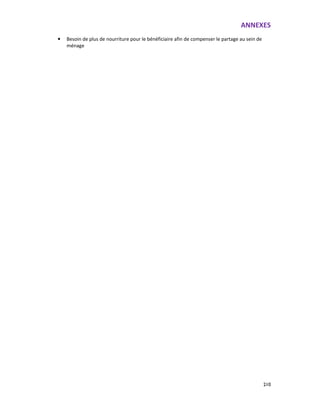 ANNEXES
210
• Besoin de plus de nourriture pour le bénéficiaire afin de compenser le partage au sein de
ménage
 