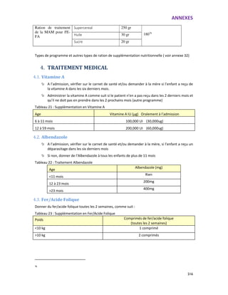 ANNEXES
216
Ration de traitement
de la MAM pour FE-
FA
Supercereal 250 gr
18076
Huile 30 gr
Sucre 20 gr
Types de programme et autres types de ration de supplémentation nutritionnelle ( voir annexe 32)
4. TRAITEMENT MEDICAL
4.1. Vitamine A
A l’admission, vérifier sur le carnet de santé et/ou demander à la mère si l’enfant a reçu de
la vitamine A dans les six derniers mois.
Administrer la vitamine A comme suit si le patient n’en a pas reçu dans les 2 derniers mois et
qu’il ne doit pas en prendre dans les 2 prochains mois (autre programme)
Tableau 21 : Supplémentation en Vitamine A
Age Vitamine A IU (µg) Oralement à l’admission
6 à 11 mois 100,000 UI (30,000ug)
12 à 59 mois 200,000 UI (60,000ug)
4.2. Albendazole
A l’admission, vérifier sur le carnet de santé et/ou demander à la mère, si l’enfant a reçu un
déparasitage dans les six derniers mois
Si non, donner de l’Albendazole à tous les enfants de plus de 11 mois
Tableau 22 : Traitement Albendazole
Age
Albendazole (mg)
<11 mois
Rien
12 à 23 mois
200mg
>23 mois
400mg
4.3. Fer/Acide Folique
Donner du fer/acide folique toutes les 2 semaines, comme suit :
Tableau 23 : Supplémentation en Fer/Acide Folique
Poids Comprimés de fer/acide folique
(toutes les 2 semaines)
<10 kg 1 comprimé
>10 kg 2 comprimés
76
 