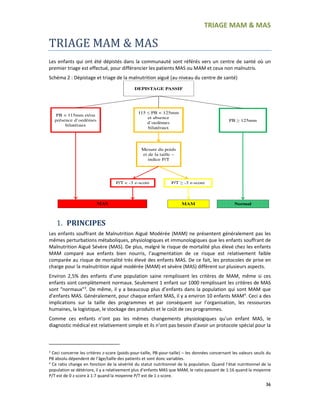 TRIAGE MAM & MAS
36
TRIAGE MAM & MAS
Les enfants qui ont été dépistés dans la communauté sont référés vers un centre de santé où un
premier triage est effectué, pour différencier les patients MAS ou MAM et ceux non malnutris.
Schéma 2 : Dépistage et triage de la malnutrition aiguë (au niveau du centre de santé)
1. PRINCIPES
Les enfants souffrant de Malnutrition Aiguë Modérée (MAM) ne présentent généralement pas les
mêmes perturbations métaboliques, physiologiques et immunologiques que les enfants souffrant de
Malnutrition Aiguë Sévère (MAS). De plus, malgré le risque de mortalité plus élevé chez les enfants
MAM comparé aux enfants bien nourris, l’augmentation de ce risque est relativement faible
comparée au risque de mortalité très élevé des enfants MAS. De ce fait, les protocoles de prise en
charge pour la malnutrition aiguë modérée (MAM) et sévère (MAS) diffèrent sur plusieurs aspects.
Environ 2,5% des enfants d’une population saine remplissent les critères de MAM, même si ces
enfants sont complètement normaux. Seulement 1 enfant sur 1000 remplissant les critères de MAS
sont "normaux"3
. De même, il y a beaucoup plus d’enfants dans la population qui sont MAM que
d’enfants MAS. Généralement, pour chaque enfant MAS, il y a environ 10 enfants MAM4
. Ceci a des
implications sur la taille des programmes et par conséquent sur l’organisation, les ressources
humaines, la logistique, le stockage des produits et le coût de ces programmes.
Comme ces enfants n’ont pas les mêmes changements physiologiques qu’un enfant MAS, le
diagnostic médical est relativement simple et ils n’ont pas besoin d’avoir un protocole spécial pour la
3
Ceci concerne les critères z-score (poids-pour-taille, PB-pour-taille) – les données concernant les valeurs seuils du
PB absolu dépendent de l’âge/taille des patients et sont donc variables.
4
Ce ratio change en fonction de la sévérité du statut nutritionnel de la population. Quand l’état nutritionnel de la
population se détériore, il y a relativement plus d’enfants MAS que MAM, le ratio passant de 1:16 quand la moyenne
P/T est de 0 z-score à 1:7 quand la moyenne P/T est de 1 z-score.
DEPISTAGE PASSIF
PB < 115mm et/ou
présence d’oedèmes
bilatéraux
115 ≤ PB < 125mm
et absence
d’oedèmes
bilatéraux
PB ≥ 125mm
MAS
Mesure du poids
et de la taille –
indice P/T
Normal
P/T < -3 z-score P/T ≥ -3 z-score
MAM
 