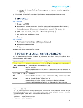 Triage MAS – STA/SST
42
o Accepter la décision finale de l’accompagnante et organiser des soins appropriés à
domicile.
5. Commencer le traitement approprié pour les patients en ambulatoire (voir ci-dessous).
2. MATERIELS
Pour l’assistant :
• Brassard (MUAC) PB
• Balance, toise, table P/T (annexe 3, 4) et table Indice de Masse Corporelle (IMC) (annexe 5)
• Registre (voir annexe 6), fiche de suivi individuelle STA (annexe 7) /SST (annexe 12)
• ATPE, sucre, eau potable, verre gradué ou balance de précision (5g)
• Eau et savon pour le lavage des mains
• Thermomètre
Pour l’infirmier :
• Matériels pour examen clinique (stéthoscope, otoscope,…)
• Fiches de transfert (annexe 8)
• Médicaments
Les détails sont décrits dans la section suivante.
3. DEFINITION DE LA MAS – CRITERE D’ADMISSION
Tous les patients qui remplissent au moins un des critères du tableau ci-dessous souffrent d’une
malnutrition aiguë sévère (MAS).
GROUPE DE PATIENTS CRITERES D’ADMISSION
MOINS DE 6 MOIS Voir section : Nourrissons < 6 mois ou < 3 kg avec accompagnante et annexe 18
6 MOIS ET PLUS (JUSQU’A
120 CM)
P/T < -3 z-score (table unisexe OMS2006
10
) ou
PB < 115 mm11 ou
Présence d’œdèmes bilatéraux12 (+ ou ++ : admission au STA ; +++ : admission au
SST)
DE PLUS DE 120 CM A 18
ANS
P/T < 70% NCHS13
ou
Présence d’œdèmes bilatéraux (+ ou ++ admission au STA ; +++ admission au SST)
ADULTES PB < 180 mm avec perte de poids récente ou
Indice de Masse Corporelle14 (IMC) < 16 avec perte de poids récente ou
Présence d’œdèmes bilatéraux (à moins qu’il y ait une autre cause flagrante)
10 Voir annexe 3: Table P/T
11 Il y a une controverse à propos du critère d’admission et de sortie du PB pour les enfants de moins de 67 cm de
taille couchée. Certains centres utilisent un bout de bois de 67cm et si la taille de l’enfant est inférieure à 67cm, alors
le critère PB utilisé est 110 mm. Ceci n’a toujours pas été résolu aujourd’hui.
12
Voir annexe 1 : Mesures
13 Voir annexe 4 : Table P/T pour adolescents
14 Voir annexe 5 : Table IMC pour adulte
 
