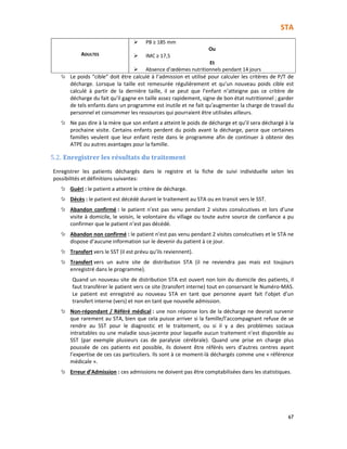 STA
67
ADULTES
PB ≥ 185 mm
Ou
IMC ≥ 17,5
Et
Absence d’œdèmes nutritionnels pendant 14 jours
Le poids “cible” doit être calculé à l’admission et utilisé pour calculer les critères de P/T de
décharge. Lorsque la taille est remesurée régulièrement et qu’un nouveau poids cible est
calculé à partir de la dernière taille, il se peut que l’enfant n’atteigne pas ce critère de
décharge du fait qu’il gagne en taille assez rapidement, signe de bon état nutritionnel ; garder
de tels enfants dans un programme est inutile et ne fait qu’augmenter la charge de travail du
personnel et consommer les ressources qui pourraient être utilisées ailleurs.
Ne pas dire à la mère que son enfant a atteint le poids de décharge et qu’il sera déchargé à la
prochaine visite. Certains enfants perdent du poids avant la décharge, parce que certaines
familles veulent que leur enfant reste dans le programme afin de continuer à obtenir des
ATPE ou autres avantages pour la famille.
5.2. Enregistrer les résultats du traitement
Enregistrer les patients déchargés dans le registre et la fiche de suivi individuelle selon les
possibilités et définitions suivantes:
Guéri : le patient a atteint le critère de décharge.
Décès : le patient est décédé durant le traitement au STA ou en transit vers le SST.
Abandon confirmé : le patient n’est pas venu pendant 2 visites consécutives et lors d’une
visite à domicile, le voisin, le volontaire du village ou toute autre source de confiance a pu
confirmer que le patient n’est pas décédé.
Abandon non confirmé : le patient n’est pas venu pendant 2 visites consécutives et le STA ne
dispose d’aucune information sur le devenir du patient à ce jour.
Transfert vers le SST (il est prévu qu’ils reviennent).
Transfert vers un autre site de distribution STA (il ne reviendra pas mais est toujours
enregistré dans le programme).
Quand un nouveau site de distribution STA est ouvert non loin du domicile des patients, il
faut transférer le patient vers ce site (transfert interne) tout en conservant le Numéro-MAS.
Le patient est enregistré au nouveau STA en tant que personne ayant fait l’objet d’un
transfert interne (vers) et non en tant que nouvelle admission.
Non-répondant / Référé médical : une non réponse lors de la décharge ne devrait survenir
que rarement au STA, bien que cela puisse arriver si la famille/l’accompagnant refuse de se
rendre au SST pour le diagnostic et le traitement, ou si il y a des problèmes sociaux
intraitables ou une maladie sous-jacente pour laquelle aucun traitement n’est disponible au
SST (par exemple plusieurs cas de paralysie cérébrale). Quand une prise en charge plus
poussée de ces patients est possible, ils doivent être référés vers d’autres centres ayant
l’expertise de ces cas particuliers. Ils sont à ce moment-là déchargés comme une « référence
médicale ».
Erreur d’Admission : ces admissions ne doivent pas être comptabilisées dans les statistiques.
 