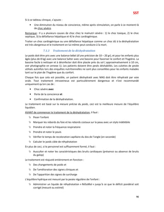 SST
90
Si à ce tableau clinique, s’ajoute :
• Une diminution du niveau de conscience, même après stimulation, on parle à ce moment-là
de choc sévère.
Remarque : Il y a plusieurs causes de choc chez le malnutri sévère : 1) le choc toxique, 2) le choc
septique, 3) la défaillance hépatique et 4) le choc cardiogénique.
Traiter un choc cardiogénique ou une défaillance hépatique comme un choc dû à la déshydratation
est très dangereux et le traitement en lui-même peut conduire à la mort.
7.1.3 Traitement de la déshydratation
Le poids doit être pris avec une balance bébé (d’une précision de 10 – 20 gr), et pour les enfants plus
âgés (plus de 8 kg) avec une balance Salter avec une bassine pour favoriser le confort et l’hygiène. La
bassine facile à nettoyer et à désinfecter doit être placée près du sol ( approximativement à 10 cm,
voir photographie en annexe 1). Les patients doivent être pesés déshabillés. Les culottes de pesée
utilisés autrefois lors des enquêtes nutritionnelles ne sont plus conseillées pour les enfants malades
tant sur le plan de l’hygiène que du confort.
Chaque fois que cela est possible, un patient déshydraté avec MAS doit être réhydraté par voie
orale. Tout traitement intraveineux est particulièrement dangereux et n’est recommandé
uniquement qu’en cas de :
• Choc sévère avec
• Perte de la conscience et
• Confirmation de la déshydratation.
Le traitement est basé sur la mesure précise du poids, ceci est la meilleure mesure de l’équilibre
liquidien.
AVANT de commencer le traitement de la déshydratation, il faut :
Peser l’enfant
Marquer les rebords du foie et les rebords costaux sur la peau avec un stylo indélébile
Prendre et noter la fréquence respiratoire
Prendre et noter le pouls
Vérifier le temps de recoloration capillaire du dos de l’ongle (en seconde)
Calculer le poids cible de réhydratation
En plus de ceci, si le personnel est suffisamment formé, il faut :
Ausculter et noter les caractéristiques des bruits cardiaques (présence ou absence de bruits
du galop)
Le traitement est réajusté entièrement en fonction :
Des changements de poids et
De l’amélioration des signes cliniques et
De l’apparition des signes de surcharge
L’équilibre hydrique est mesuré par la pesée régulière de l’enfant :
Administrer un liquide de réhydratation « RéSoMal » jusqu’à ce que le déficit pondéral soit
corrigé (mesuré ou estimé)
 