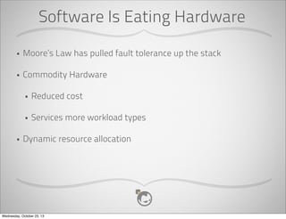 Traditional Workload
•
•

Fault tolerant

•

Management

Reliable

Specialized hardware

•

IT managed provisioning

•

Static scale out model

Network

Hypervisor
Cluster

Hypervisor
Cluster

Shared	
 