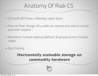 Primary Vs Secondary Storage
•

Random access read/write

•

Write once/read many

•

Changes often

•

Append only

•

Zone Scoped

•

Zone or Region Scoped

•

Focused on throughput

•

Focused on reliability

Secondary Storage is the lifeboat.

Wednesday, October 23, 13

 