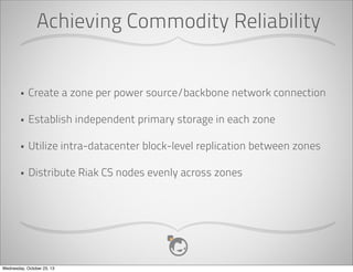 What Is Riak CS?
•

Simple, reliable storage of large objects accessed using the S3 or Swift
API

•

Objects are stored in buckets with a unique key

•

Multi-tenant security model with per object ACLs

•

Usage Accounting and Reporting

•

Open Source (Apache2 Licensed)

Your Own Private S3

Wednesday, October 23, 13

 