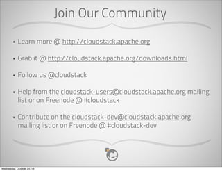 Riak CS Use Cases

•

Secondary Storage for VM snapshot and template data

•

Database Backup Storage

•

Serving Static Content

•

Application Log Storage

Wednesday, October 23, 13

 