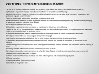 DSM-IV (DSM-4) criteria for a diagnosis of autism

I. A total of six (or more) items from heading (A), (B) and (C) with at least two from (A) and one each from (B) and (C):
(A) Qualitative impairment in social interaction as manifested by at least two of the following:
Marked impairments in the use of multiple nonverbal behaviors such as eye-to-eye gaze, facial expression, body posture and
gestures to regulate social interaction.
Failure to develop peer relationships appropriate to developmental level.
A lack of spontaneous seeking to share enjoyment, interests or achievements with other people, (e.g. a lack of showing, bringing
or pointing out objects of interest to other people).
A lack of social or emotional reciprocity.
(B) Qualitative impairments in communication as manifested by at least one of the following:
Delay in or total lack of the development of spoken language (not accompanied by an attempt to compensate through alternative
modes of communication such as gesture or mime).
In individuals with adequate speech, marked impairment in the ability to initiate or sustain a conversation with others.
Stereotyped and repetitive use of language or idiosyncratic language.
Lack of varied, spontaneous make-believe play or social imitative play appropriate to developmental level.
(C) Restricted repetitive and stereotyped patterns of behavior, interests and activities as manifested by at least two of the
following:
Encompassing preoccupation with one or more stereotyped and restricted patterns of interest that is abnormal either in intensity or
focus
Apparently inflexible adherence to specific nonfunctional routines or rituals
Stereotyped and repetitive motor mannerisms (e.g. hand or finger flapping or twisting, or complex whole-body movements)
Persistent preoccupation with parts of objects
II. Delays or abnormal functioning in at least one of the following areas, with onset prior to age 3 years:
(A) Social interaction
(B) Language used in social communication
(C) Symbolic or imaginative play
 