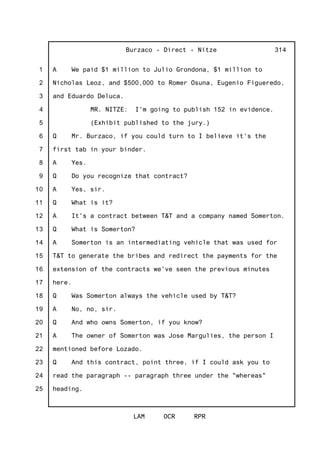 1
2
3
4
5
6
7
8
9
10
11
12
13
14
15
16
17
18
19
20
21
22
23
24
25
Burzaco - Direct - Nitze
LAM OCR RPR
314
A We paid $1 million to Julio Grondona, $1 million to
Nicholas Leoz, and $500,000 to Romer Osuna, Eugenio Figueredo,
and Eduardo Deluca.
MR. NITZE: I'm going to publish 152 in evidence.
(Exhibit published to the jury.)
Q Mr. Burzaco, if you could turn to I believe it's the
first tab in your binder.
A Yes.
Q Do you recognize that contract?
A Yes, sir.
Q What is it?
A It's a contract between T&T and a company named Somerton.
Q What is Somerton?
A Somerton is an intermediating vehicle that was used for
T&T to generate the bribes and redirect the payments for the
extension of the contracts we've seen the previous minutes
here.
Q Was Somerton always the vehicle used by T&T?
A No, no, sir.
Q And who owns Somerton, if you know?
A The owner of Somerton was Jose Margulies, the person I
mentioned before Lozado.
Q And this contract, point three, if I could ask you to
read the paragraph -- paragraph three under the "whereas"
heading.
 