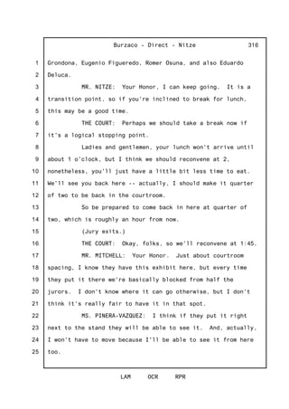 1
2
3
4
5
6
7
8
9
10
11
12
13
14
15
16
17
18
19
20
21
22
23
24
25
Burzaco - Direct - Nitze
LAM OCR RPR
316
Grondona, Eugenio Figueredo, Romer Osuna, and also Eduardo
Deluca.
MR. NITZE: Your Honor, I can keep going. It is a
transition point, so if you're inclined to break for lunch,
this may be a good time.
THE COURT: Perhaps we should take a break now if
it's a logical stopping point.
Ladies and gentlemen, your lunch won't arrive until
about 1 o'clock, but I think we should reconvene at 2,
nonetheless, you'll just have a little bit less time to eat.
We'll see you back here -- actually, I should make it quarter
of two to be back in the courtroom.
So be prepared to come back in here at quarter of
two, which is roughly an hour from now.
(Jury exits.)
THE COURT: Okay, folks, so we'll reconvene at 1:45.
MR. MITCHELL: Your Honor. Just about courtroom
spacing, I know they have this exhibit here, but every time
they put it there we're basically blocked from half the
jurors. I don't know where it can go otherwise, but I don't
think it's really fair to have it in that spot.
MS. PINERA-VAZQUEZ: I think if they put it right
next to the stand they will be able to see it. And, actually,
I won't have to move because I'll be able to see it from here
too.
 