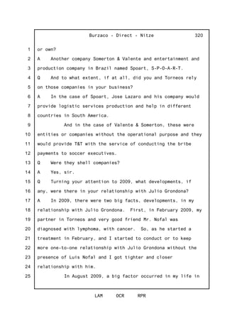 1
2
3
4
5
6
7
8
9
10
11
12
13
14
15
16
17
18
19
20
21
22
23
24
25
Burzaco - Direct - Nitze
LAM OCR RPR
320
or own?
A Another company Somerton & Valente and entertainment and
production company in Brazil named Spoart, S-P-O-A-R-T.
Q And to what extent, if at all, did you and Torneos rely
on those companies in your business?
A In the case of Spoart, Jose Lazaro and his company would
provide logistic services production and help in different
countries in South America.
And in the case of Valente & Somerton, these were
entities or companies without the operational purpose and they
would provide T&T with the service of conducting the bribe
payments to soccer executives.
Q Were they shell companies?
A Yes, sir.
Q Turning your attention to 2009, what developments, if
any, were there in your relationship with Julio Grondona?
A In 2009, there were two big facts, developments, in my
relationship with Julio Grondona. First, in February 2009, my
partner in Torneos and very good friend Mr. Nofal was
diagnosed with lymphoma, with cancer. So, as he started a
treatment in February, and I started to conduct or to keep
more one-to-one relationship with Julio Grondona without the
presence of Luis Nofal and I got tighter and closer
relationship with him.
In August 2009, a big factor occurred in my life in
 