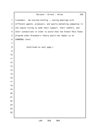 1
2
3
4
5
6
7
8
9
10
11
12
13
14
15
16
17
18
19
20
21
22
23
24
25
Burzaco - Direct - Nitze
LAM OCR RPR
326
treatment. We started holding -- having meetings with
different agents, producers, and sports marketing companies in
the region trying to seek their support, their comfort, and
their connections in order to avoid that the Futbol Para Todos
program under Grondona's theory would the impact us at
CONMEBOL level.
(Continued on next page.)
 