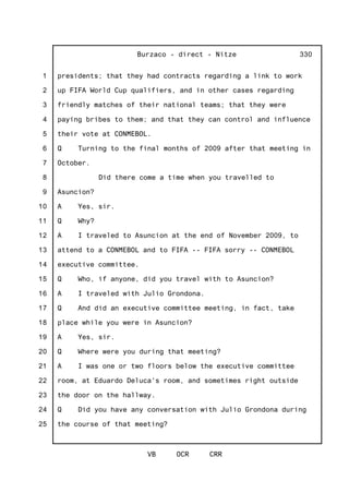 1
2
3
4
5
6
7
8
9
10
11
12
13
14
15
16
17
18
19
20
21
22
23
24
25
Burzaco - direct - Nitze
VB OCR CRR
330
presidents; that they had contracts regarding a link to work
up FIFA World Cup qualifiers, and in other cases regarding
friendly matches of their national teams; that they were
paying bribes to them; and that they can control and influence
their vote at CONMEBOL.
Q Turning to the final months of 2009 after that meeting in
October.
Did there come a time when you travelled to
Asuncion?
A Yes, sir.
Q Why?
A I traveled to Asuncion at the end of November 2009, to
attend to a CONMEBOL and to FIFA -- FIFA sorry -- CONMEBOL
executive committee.
Q Who, if anyone, did you travel with to Asuncion?
A I traveled with Julio Grondona.
Q And did an executive committee meeting, in fact, take
place while you were in Asuncion?
A Yes, sir.
Q Where were you during that meeting?
A I was one or two floors below the executive committee
room, at Eduardo Deluca's room, and sometimes right outside
the door on the hallway.
Q Did you have any conversation with Julio Grondona during
the course of that meeting?
 