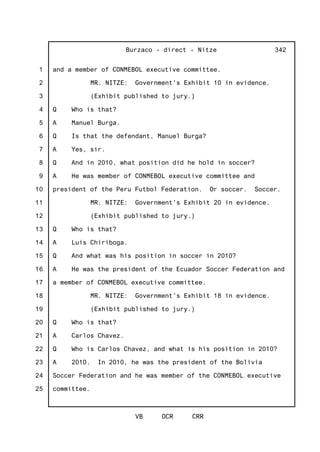 1
2
3
4
5
6
7
8
9
10
11
12
13
14
15
16
17
18
19
20
21
22
23
24
25
Burzaco - direct - Nitze
VB OCR CRR
342
and a member of CONMEBOL executive committee.
MR. NITZE: Government's Exhibit 10 in evidence.
(Exhibit published to jury.)
Q Who is that?
A Manuel Burga.
Q Is that the defendant, Manuel Burga?
A Yes, sir.
Q And in 2010, what position did he hold in soccer?
A He was member of CONMEBOL executive committee and
president of the Peru Futbol Federation. Or soccer. Soccer.
MR. NITZE: Government's Exhibit 20 in evidence.
(Exhibit published to jury.)
Q Who is that?
A Luis Chiriboga.
Q And what was his position in soccer in 2010?
A He was the president of the Ecuador Soccer Federation and
a member of CONMEBOL executive committee.
MR. NITZE: Government's Exhibit 18 in evidence.
(Exhibit published to jury.)
Q Who is that?
A Carlos Chavez.
Q Who is Carlos Chavez, and what is his position in 2010?
A 2010. In 2010, he was the president of the Bolivia
Soccer Federation and he was member of the CONMEBOL executive
committee.
 