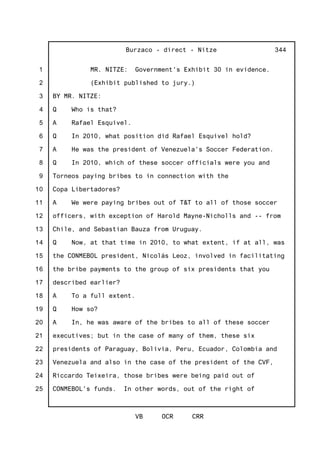 1
2
3
4
5
6
7
8
9
10
11
12
13
14
15
16
17
18
19
20
21
22
23
24
25
Burzaco - direct - Nitze
VB OCR CRR
344
MR. NITZE: Government's Exhibit 30 in evidence.
(Exhibit published to jury.)
BY MR. NITZE:
Q Who is that?
A Rafael Esquivel.
Q In 2010, what position did Rafael Esquivel hold?
A He was the president of Venezuela's Soccer Federation.
Q In 2010, which of these soccer officials were you and
Torneos paying bribes to in connection with the
Copa Libertadores?
A We were paying bribes out of T&T to all of those soccer
officers, with exception of Harold Mayne-Nicholls and -- from
Chile, and Sebastian Bauza from Uruguay.
Q Now, at that time in 2010, to what extent, if at all, was
the CONMEBOL president, Nicolás Leoz, involved in facilitating
the bribe payments to the group of six presidents that you
described earlier?
A To a full extent.
Q How so?
A In, he was aware of the bribes to all of these soccer
executives; but in the case of many of them, these six
presidents of Paraguay, Bolivia, Peru, Ecuador, Colombia and
Venezuela and also in the case of the president of the CVF,
Riccardo Teixeira, those bribes were being paid out of
CONMEBOL's funds. In other words, out of the right of
 