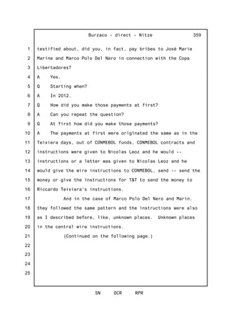 1
2
3
4
5
6
7
8
9
10
11
12
13
14
15
16
17
18
19
20
21
22
23
24
25
Burzaco - direct - Nitze
SN OCR RPR
359
testified about, did you, in fact, pay bribes to José Marie
Marine and Marco Polo Del Nero in connection with the Copa
Libertadores?
A Yes.
Q Starting when?
A In 2012.
Q How did you make those payments at first?
A Can you repeat the question?
Q At first how did you make those payments?
A The payments at first were originated the same as in the
Teixiera days, out of CONMEBOL funds, CONMEBOL contracts and
instructions were given to Nicolas Leoz and he would --
instructions or a letter was given to Nicolas Leoz and he
would give the wire instructions to CONMEBOL, send -- send the
money or give the instructions for T&T to send the money to
Riccardo Teixiera's instructions.
And in the case of Marco Polo Del Nero and Marin,
they followed the same pattern and the instructions were also
as I described before, like, unknown places. Unknown places
in the central wire instructions.
(Continued on the following page.)
 
