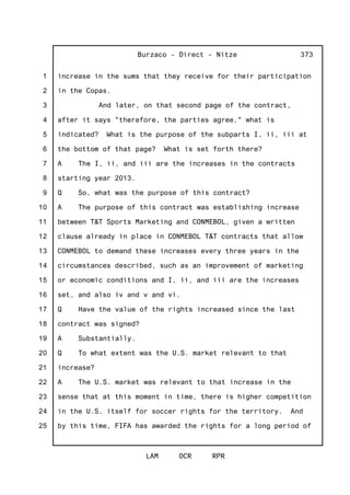1
2
3
4
5
6
7
8
9
10
11
12
13
14
15
16
17
18
19
20
21
22
23
24
25
Burzaco - Direct - Nitze
LAM OCR RPR
373
increase in the sums that they receive for their participation
in the Copas.
And later, on that second page of the contract,
after it says "therefore, the parties agree," what is
indicated? What is the purpose of the subparts I, ii, iii at
the bottom of that page? What is set forth there?
A The I, ii, and iii are the increases in the contracts
starting year 2013.
Q So, what was the purpose of this contract?
A The purpose of this contract was establishing increase
between T&T Sports Marketing and CONMEBOL, given a written
clause already in place in CONMEBOL T&T contracts that allow
CONMEBOL to demand these increases every three years in the
circumstances described, such as an improvement of marketing
or economic conditions and I, ii, and iii are the increases
set, and also iv and v and vi.
Q Have the value of the rights increased since the last
contract was signed?
A Substantially.
Q To what extent was the U.S. market relevant to that
increase?
A The U.S. market was relevant to that increase in the
sense that at this moment in time, there is higher competition
in the U.S. itself for soccer rights for the territory. And
by this time, FIFA has awarded the rights for a long period of
 