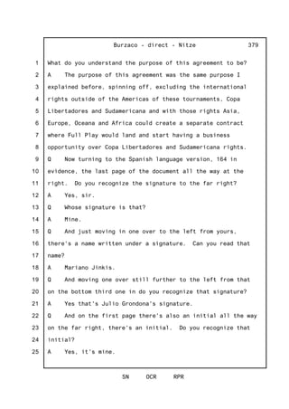 1
2
3
4
5
6
7
8
9
10
11
12
13
14
15
16
17
18
19
20
21
22
23
24
25
Burzaco - direct - Nitze
SN OCR RPR
379
What do you understand the purpose of this agreement to be?
A The purpose of this agreement was the same purpose I
explained before, spinning off, excluding the international
rights outside of the Americas of these tournaments, Copa
Libertadores and Sudamericana and with those rights Asia,
Europe, Oceana and Africa could create a separate contract
where Full Play would land and start having a business
opportunity over Copa Libertadores and Sudamericana rights.
Q Now turning to the Spanish language version, 164 in
evidence, the last page of the document all the way at the
right. Do you recognize the signature to the far right?
A Yes, sir.
Q Whose signature is that?
A Mine.
Q And just moving in one over to the left from yours,
there's a name written under a signature. Can you read that
name?
A Mariano Jinkis.
Q And moving one over still further to the left from that
on the bottom third one in do you recognize that signature?
A Yes that's Julio Grondona's signature.
Q And on the first page there's also an initial all the way
on the far right, there's an initial. Do you recognize that
initial?
A Yes, it's mine.
 
