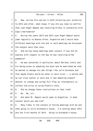 1
2
3
4
5
6
7
8
9
10
11
12
13
14
15
16
17
18
19
20
21
22
23
24
25
Burzaco - direct - Nitze
SN OCR RPR
380
Q Now, during this period in 2012 directing your attention
to 2012 and after, what steps if any did you take to confirm
that Juan Angel Napout was receiving bribes in connection with
Copa Libertadores?
A During the years 2013 and 2014 Juan Angel Napout would
come regularly to Buenos Aires, Argentina and I would have
different meetings with him and in said meetings we discussed
the subject more than once.
Q And during those meetings what concern if any did he
express with respect to the way he was receiving bribe
payments?
A He was concerned in particular about Mariano Jinkis and
his being prone to speaking too much and he mentioned me that
he wanted to manage his own things like Julio Grondona and
that maybe Eladio would be safer or more trust -- a person who
he can trust better or more and it was debating himself
whether to change and usingn Full Play as intermediary to
collect the price to using Eladio's help.
Q Did he change those instructions at that time?
A No. No, sir.
Q And when Mr. Napout would come to Argentina, in what
context would you see him?
A Many times in the context of having meetings with me and
then going to Julio Grondona's house. I'm talking about 2013
and the first months of 2014. Going to Grondona's house,
 