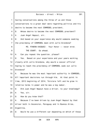 1
2
3
4
5
6
7
8
9
10
11
12
13
14
15
16
17
18
19
20
21
22
23
24
25
Burzaco - direct - Nitze
SN OCR RPR
381
having conversations among the three of us and those
conversations to a great deal were regarding politics and his
desire to become the next CONMEBOL president.
Q Whose desire to become the next CONMEBOL president?
A Juan Angel Napout, sir.
Q And based on your experience why would someone seeking
the presidency of CONMEBOL meet with Julio Grondona?
MS. PINERA-VAZQUEZ: Your Honor -- never mind.
THE COURT: Go ahead.
A Can you repeat the question, please?
Q Yes. Based on your experience and your years working
closely with Julio Grondona, why would a soccer official
hoping to reach the presidency of CONMEBOL seek out Julio
Grondona?
A Because he was the most important authority in CONMEBOL.
All important decisions run through him. At that point in
time, 2013 beginning of 2014, Teixiera left and he grew in
relative terms in power and he was a key maker.
Q Did Juan Angel Napout have a driver, to your knowledge?
A Yes, sir.
Q How do you know that?
A Because I've been driven by Juan Angel Napout by that
driver both in Ascension, Paraguay and in Buenos Aires,
Argentina.
Q Would he use a different car depending on which of those
 